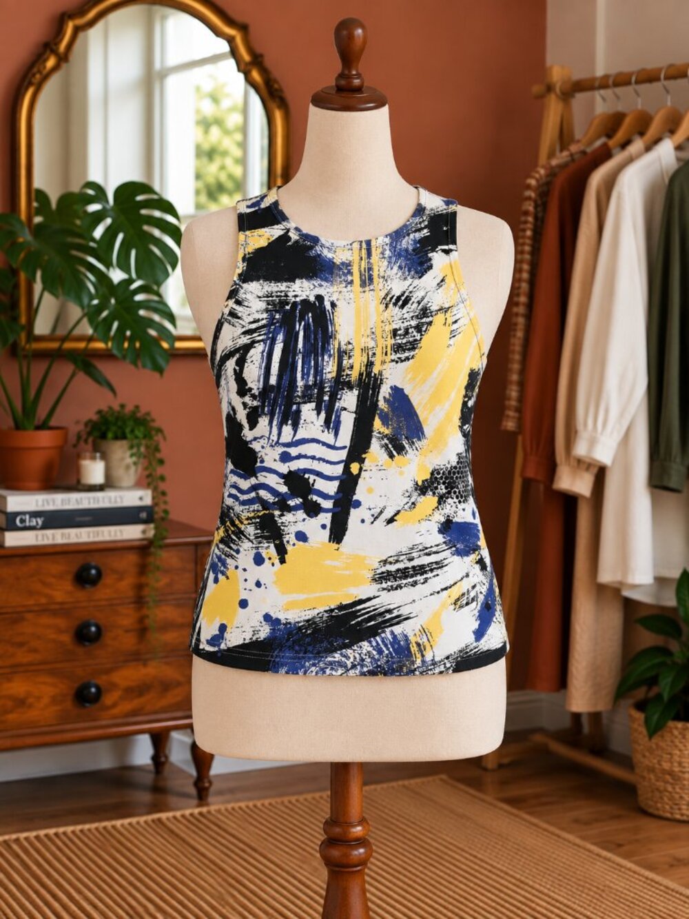 Material Girl Artistic Black, Yellow, and Blue Crop Top